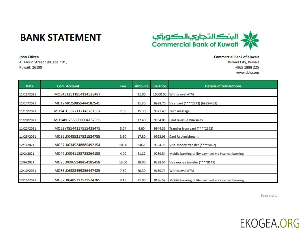 Modèle de relevé de la Koweït Commercial Bank facile à remplir au format de fichier .xls et .pdf